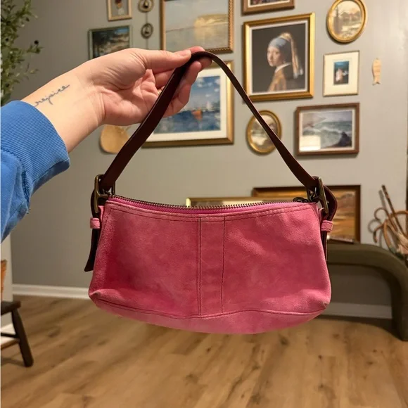 Y2K Pink Suede Coach Hamptons Demi Baguette Shoulder Bag - Picture 1 of 8